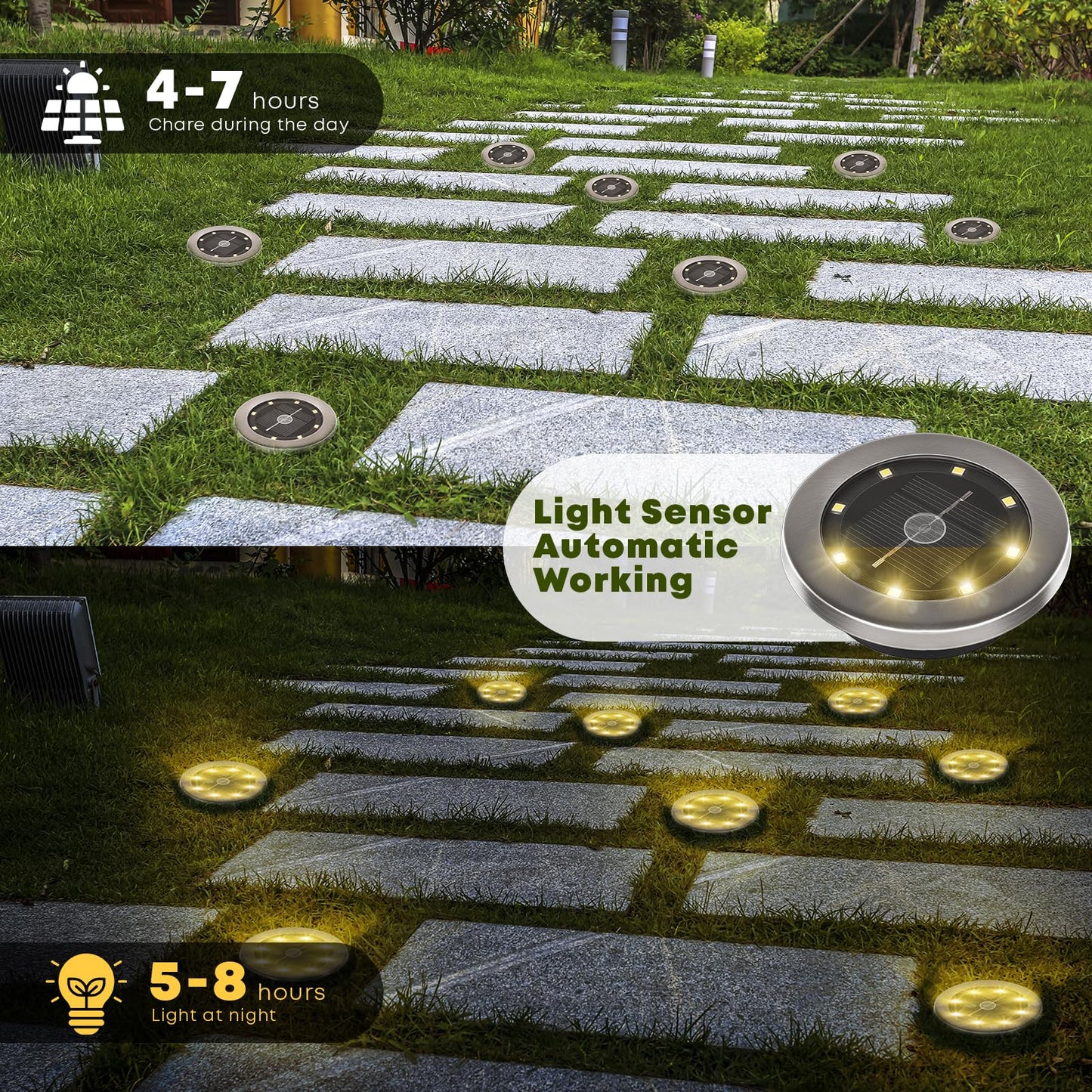 LQWELL® Solar Ground Lights, 8 Pack 8 LED Solar Lights for Outdoor Garden, Solar Garden Pathway Lights, IP65 Waterproof Warm White for Grass Paths Walkways Driveways Gardens