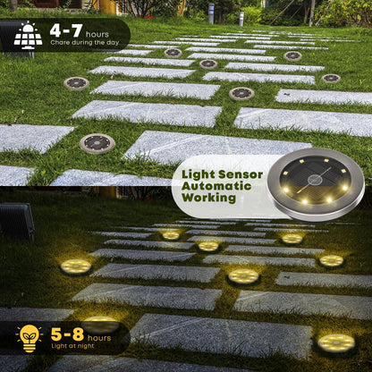 LQWELL® Solar Ground Lights, 8 Pack 8 LED Solar Lights for Outdoor Garden, Solar Garden Pathway Lights, IP65 Waterproof Warm White for Grass Paths Walkways Driveways Gardens