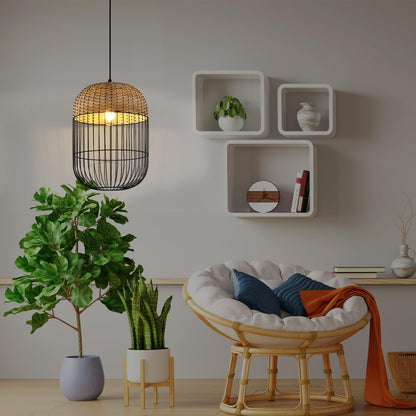 LQWELL® E27 Black Pendant Lamp, Retro Hanging Lamp Pendant Light Vertigo Lamp Height-Adjustable Chandelier Metal Rattan, for Living Room Bedroom Dining Room Cafes Studio Bar Counter
