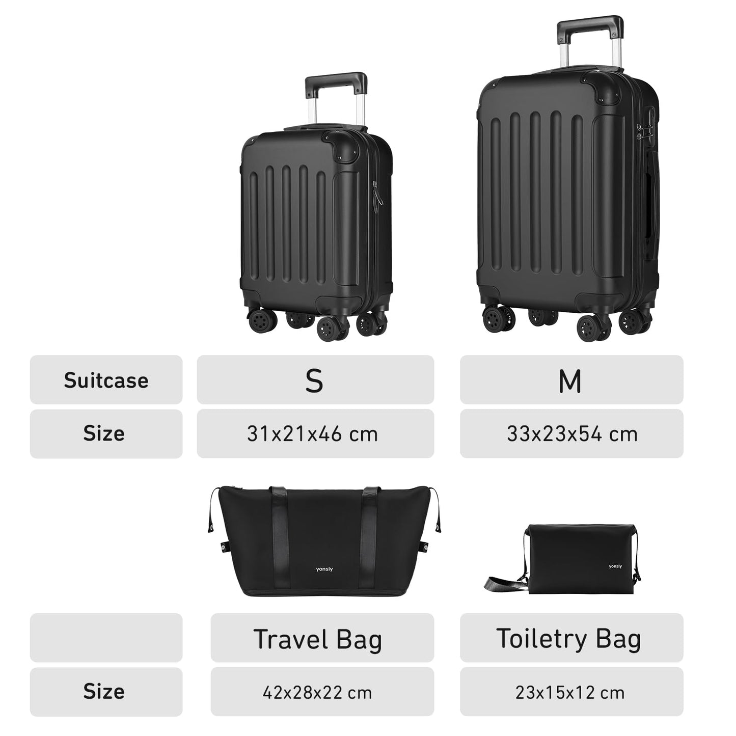 YONSLY® 4-Piece Luggage Set, Trolley Suitcase Set with 1 Travel Bag, 1 Toiletry Bag, Carry-On Rolling Suitcase with 4 Wheels, Hard-Shell, Size M with Combination Lock, Rubber Handle (S, M)