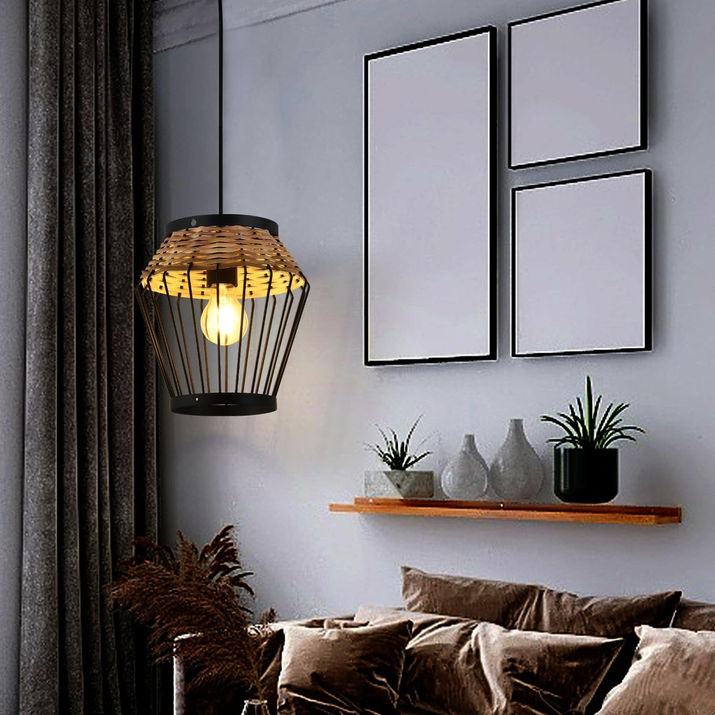 LQWELL® E27 Black Pendant Light, Retro Hanging Lamp Vertigo Lamp Height-Adjustable Chandelier Metal Rattan, for Living Room Bedroom Dining Room Cafes Studio Bar Counter