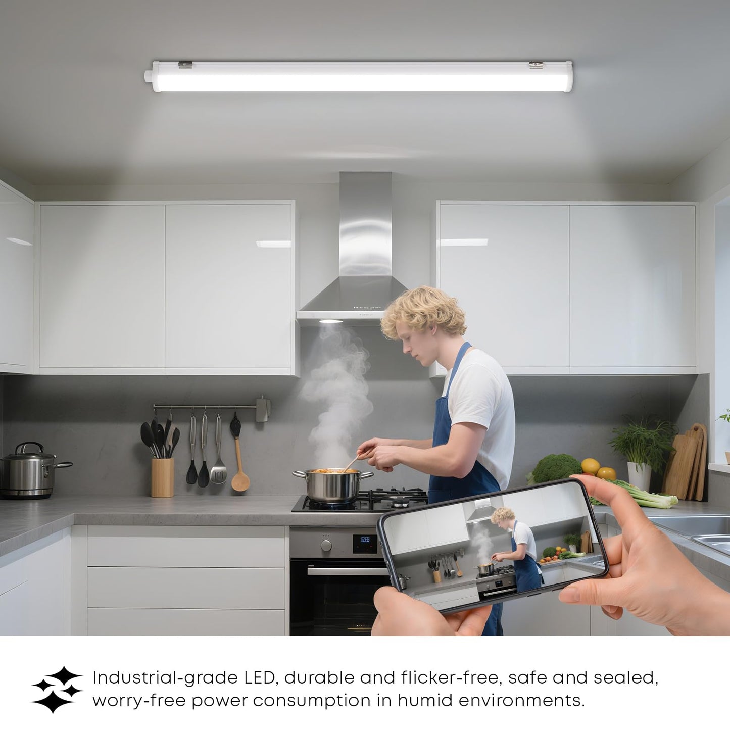 LQWELL® LED Moisture-Proof Light, LED Tube 150x6.8x5cm IP65 Waterproof, 45W 5050LM 6500K, Long Ceiling Light as Basement Light, Bathtub Light, Wet Room Light, Garage Lamp, Workshop Lamp, 4 Pieces