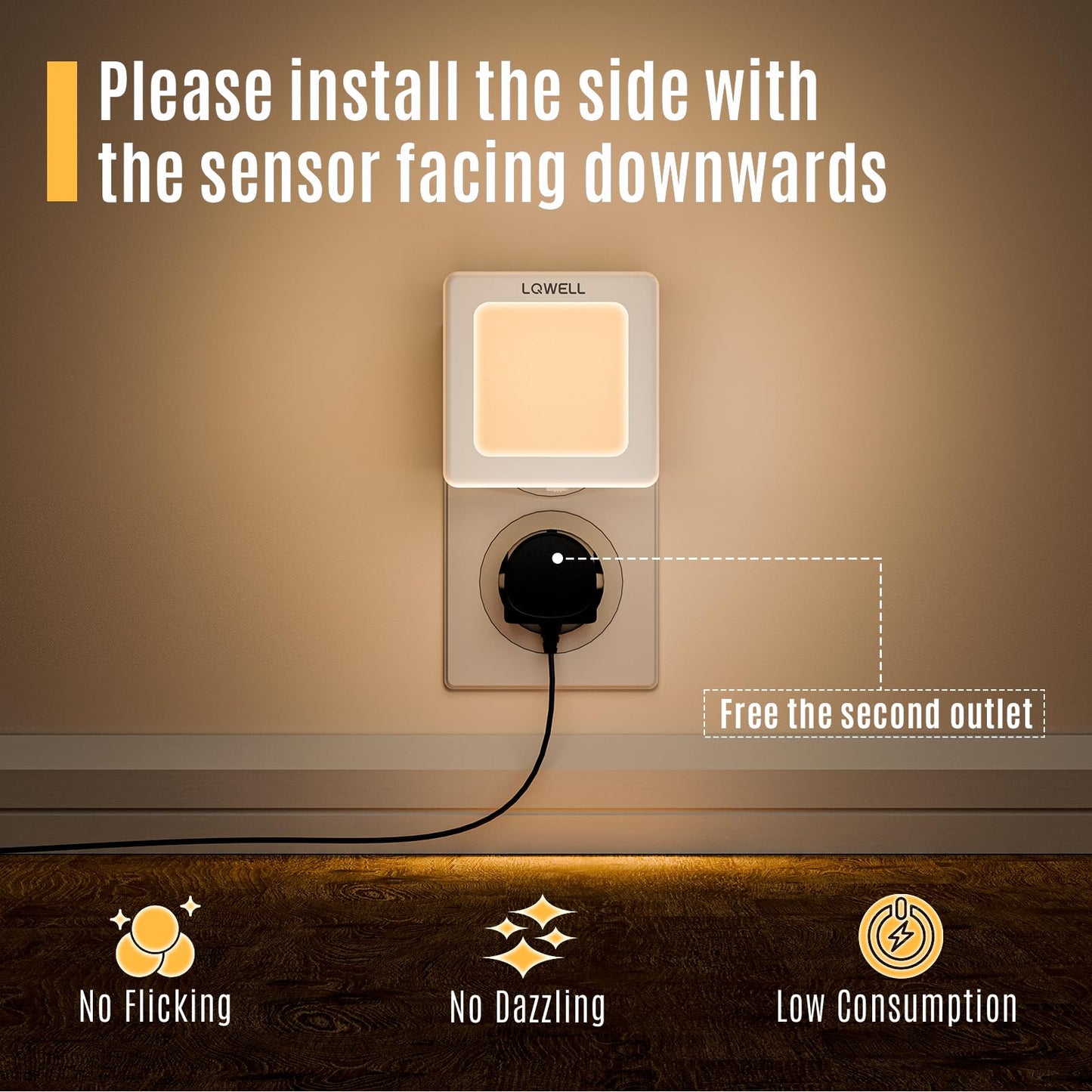 LQWELL® Foldable Outlet Night Light with Dusk Sensor, Night Lamp Adjustable Brightness, Automatic Outlet Light, Warm White Orientation Light for Kids' Room, Hallway, Stairs, White, 4/8 PCS