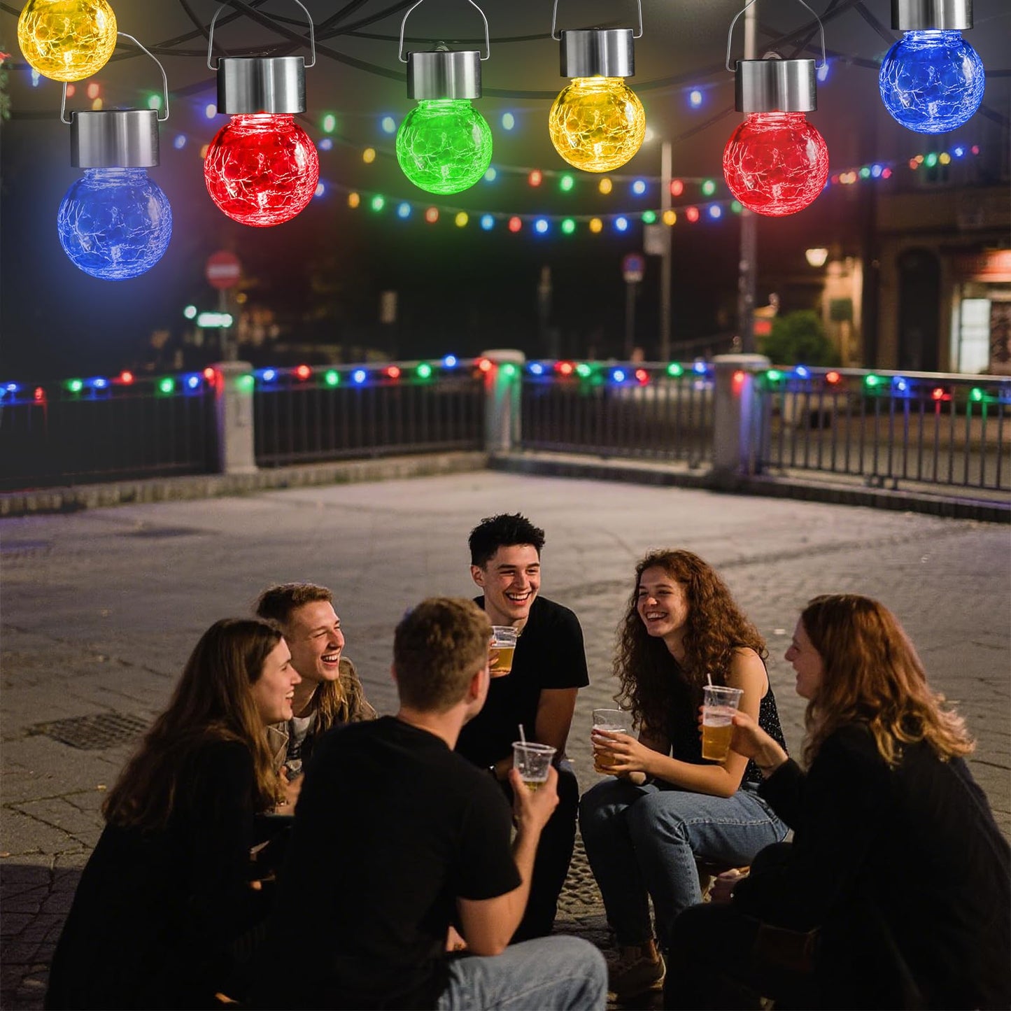 LQWELL® Solar Hanging Lights for Outdoors, 4 PCS Solar Outdoor Lights, Crackle Glass Ball Lantern Light, Waterproof, Multiple Colors, Cracked, Automatic Color Change for Party, Garden, Fence, Tree Decor