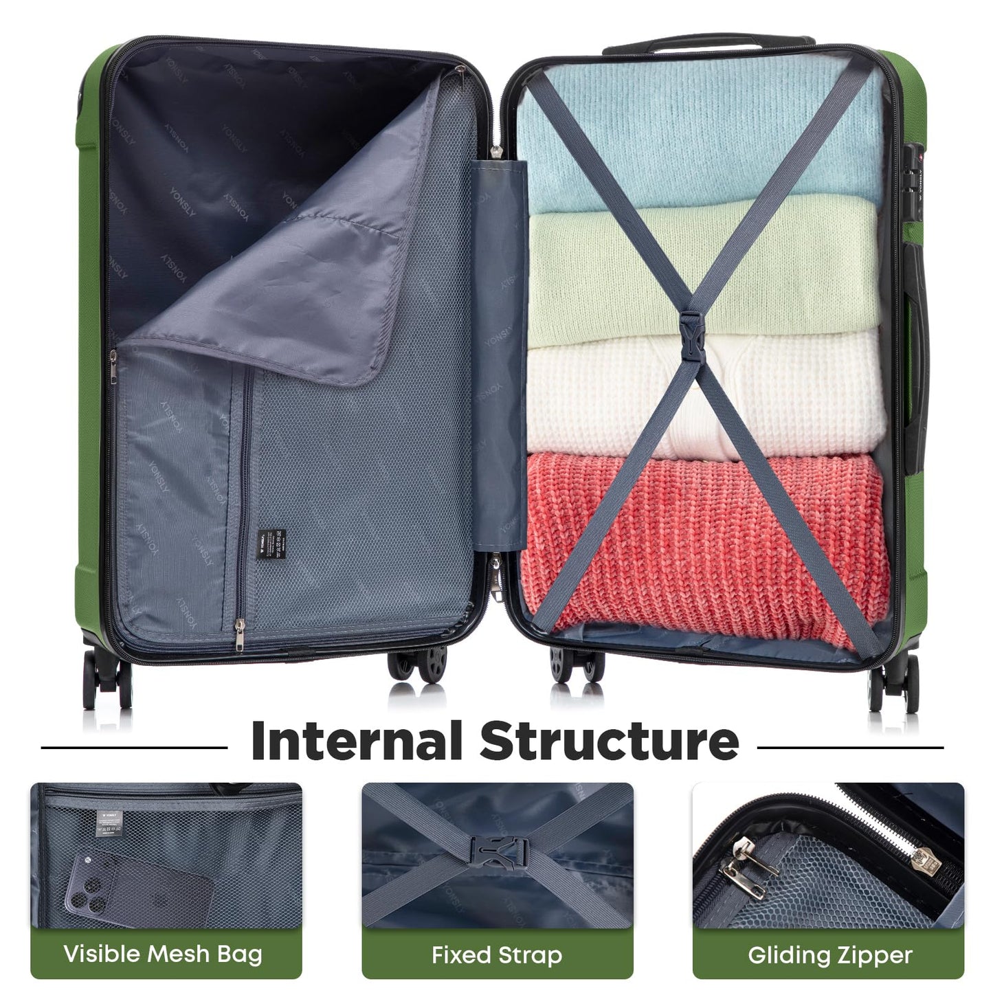 YONSLY® Premium Travel Suitcase TSA Lock, YKK Zipper Hardshell Suitcase Trolley Cabin Suitcase Rolling Suitcase Hand Luggage 4 Wheels
