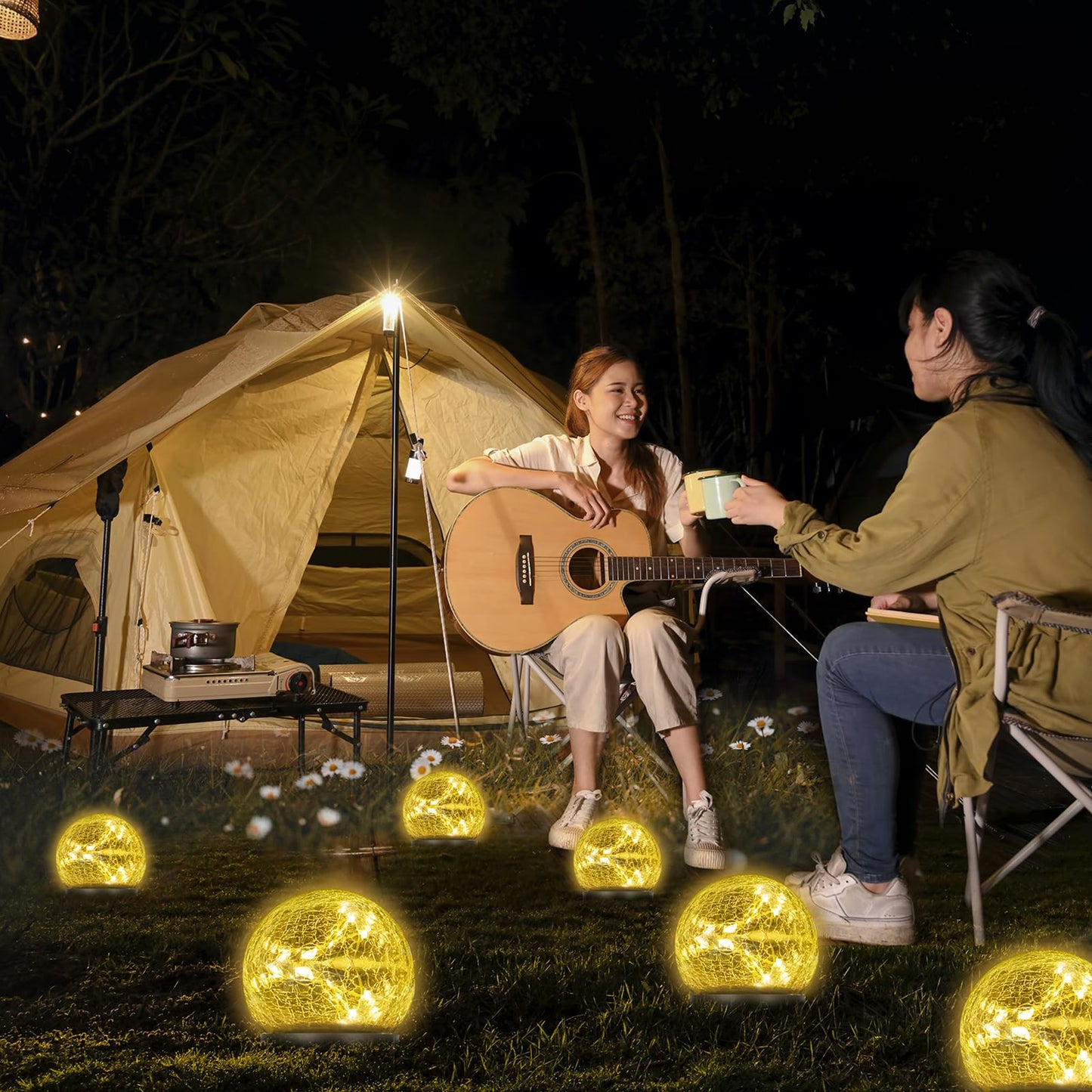 LQWELL® Solar Ground Light for Garden, Solar Garden Light for Outdoor, Ball Crackle Glass Solar Lamp, Warm White 3000K, IP65 Waterproof for Lawn, Balcony, Pathway, Yard Decor