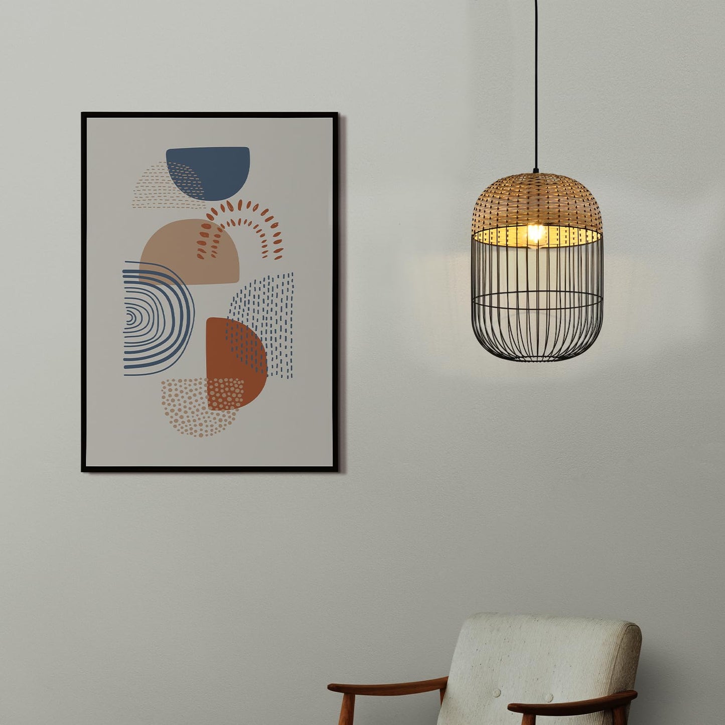 LQWELL® E27 Black Pendant Lamp, Retro Hanging Lamp Pendant Light Vertigo Lamp Height-Adjustable Chandelier Metal Rattan, for Living Room Bedroom Dining Room Cafes Studio Bar Counter