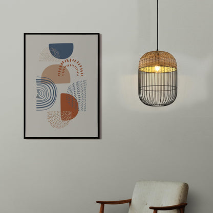 LQWELL® E27 Black Pendant Lamp, Retro Hanging Lamp Pendant Light Vertigo Lamp Height-Adjustable Chandelier Metal Rattan, for Living Room Bedroom Dining Room Cafes Studio Bar Counter