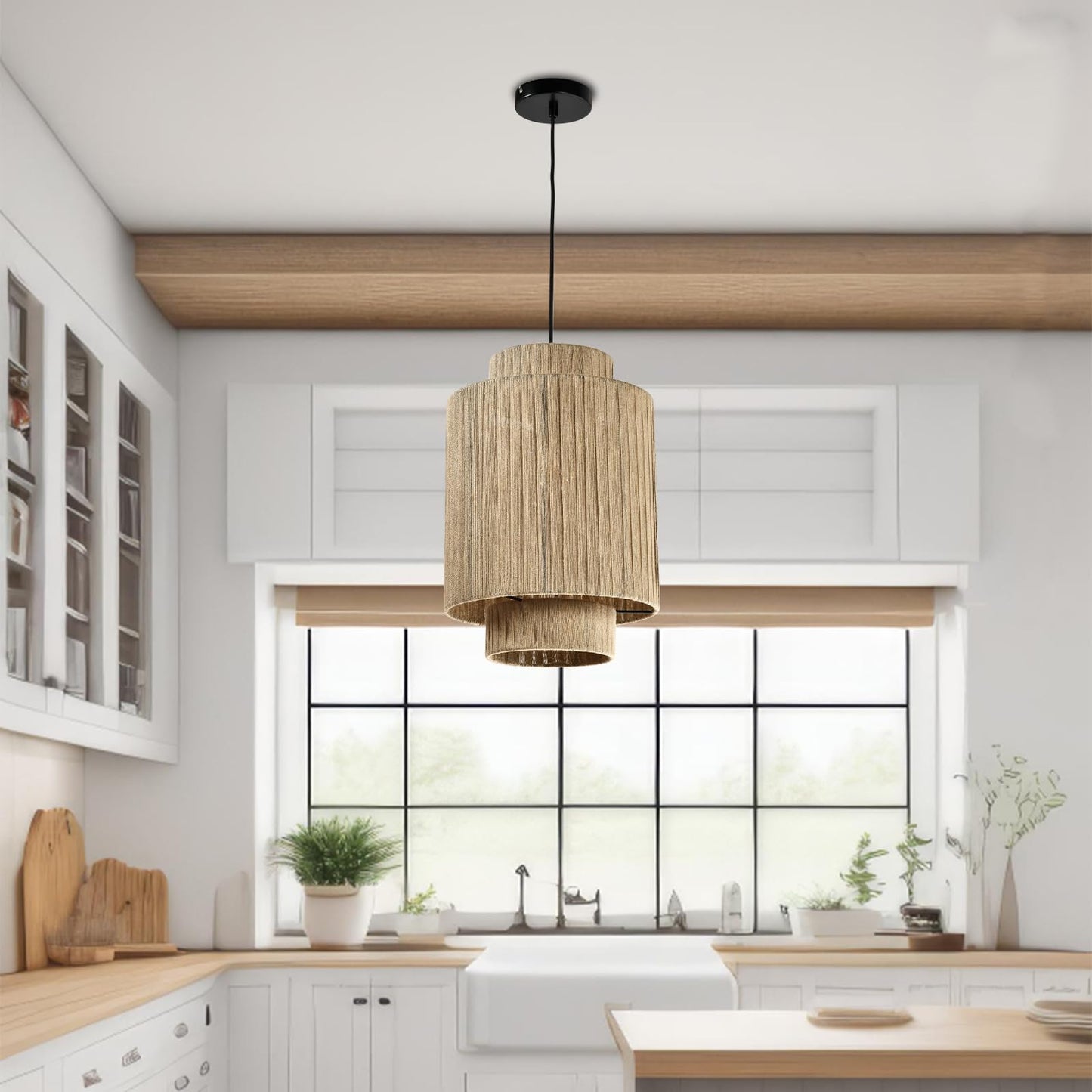 LQWELL® E27 Pendant Light Ceiling Lamp Chandelier, Retro Ceiling Light Pendant Lamp 1-Light, Linen Beige Chandelier for Living Room Bedroom Dining Room Bar Hotel Shop Studio Cafes