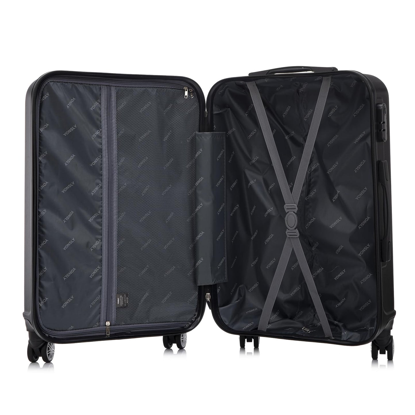 YONSLY® Reisekoffer Trolley Rollkoffer Handgepäck Set, Kofferset, Gepäckset, Hartschalenreisekoffer Travel Koffer Suitcase mit 4 Rollen 360°, Zahlenschloss, Weicher Gummigriff (3er Set,M,L&XL,Schwarz)