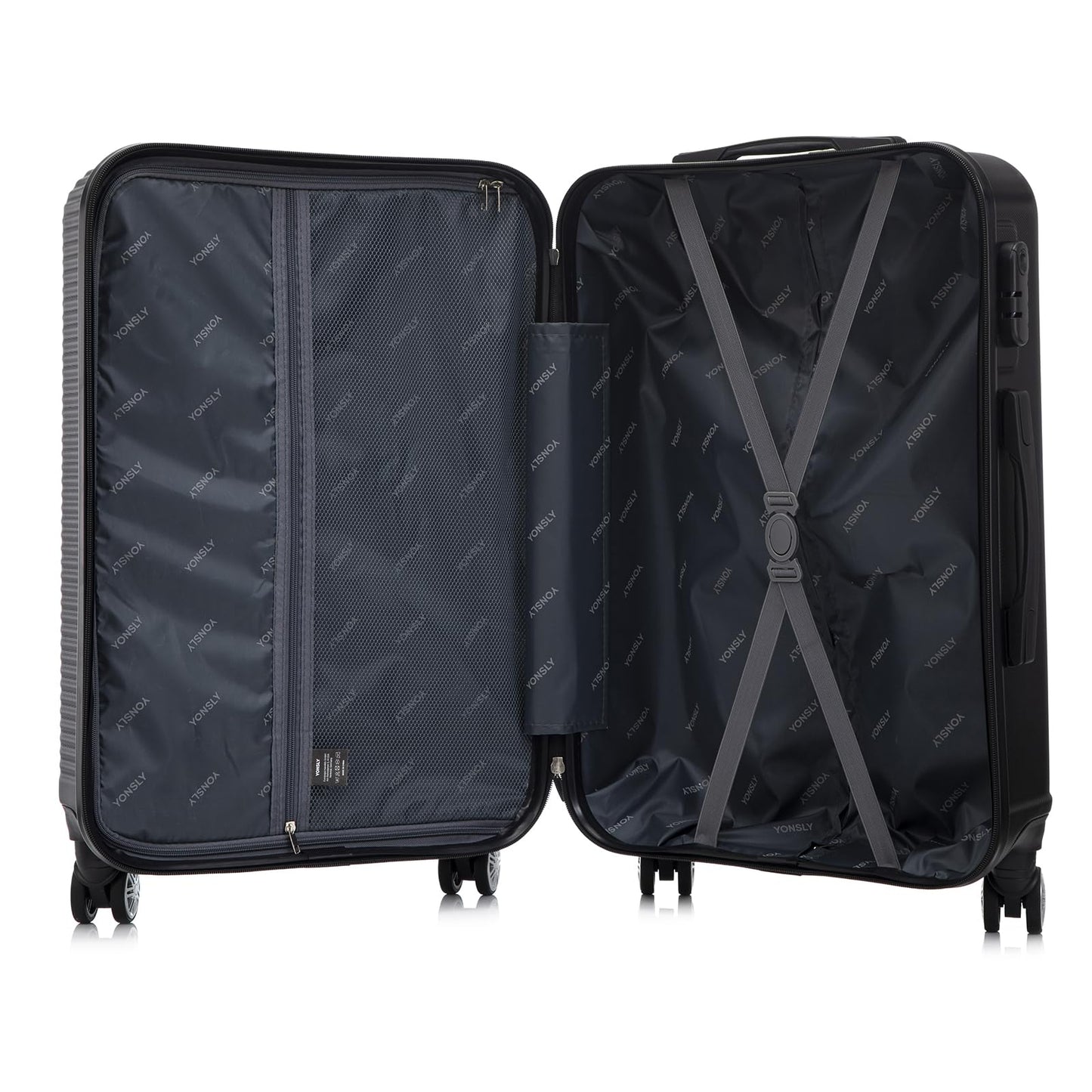 YONSLY® Reisekoffer Trolley Rollkoffer Handgepäck Set, Kofferset, Gepäckset, Koffer Suitcase, Hartschalenreisekoffer mit 4 Rollen 360°, Zahlenschloss, Weicher Gummigriff (3er Set, M,L&XL, Schwarz)