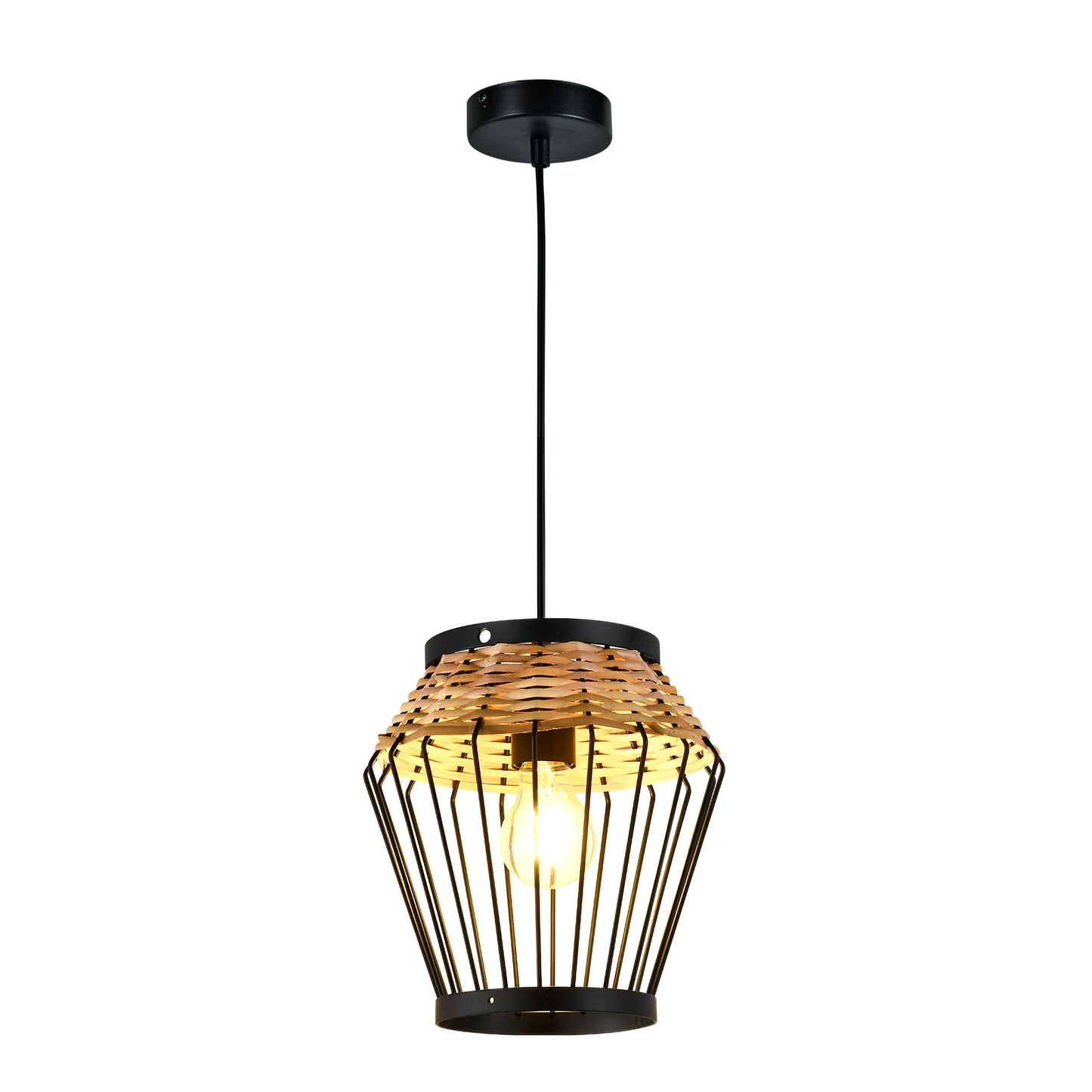 LQWELL® E27 Black Pendant Light, Retro Hanging Lamp Vertigo Lamp Height-Adjustable Chandelier Metal Rattan, for Living Room Bedroom Dining Room Cafes Studio Bar Counter