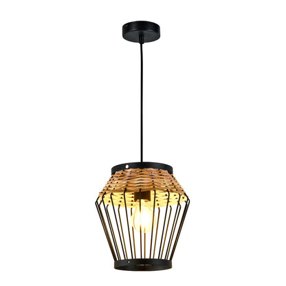 LQWELL® E27 Black Pendant Light, Retro Hanging Lamp Vertigo Lamp Height-Adjustable Chandelier Metal Rattan, for Living Room Bedroom Dining Room Cafes Studio Bar Counter