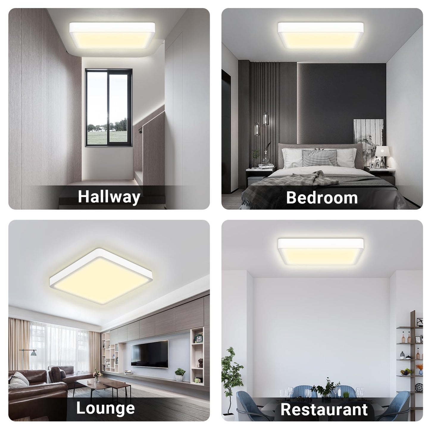 LED-Deckenleuchte, quadratische flache Lampe mit warmweißem Licht in mehreren Räumen
