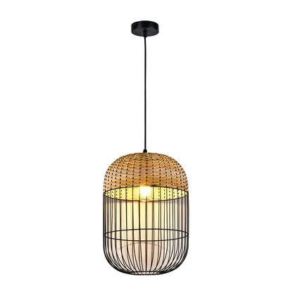 LQWELL® E27 Black Pendant Lamp, Retro Hanging Lamp Pendant Light Vertigo Lamp Height-Adjustable Chandelier Metal Rattan, for Living Room Bedroom Dining Room Cafes Studio Bar Counter