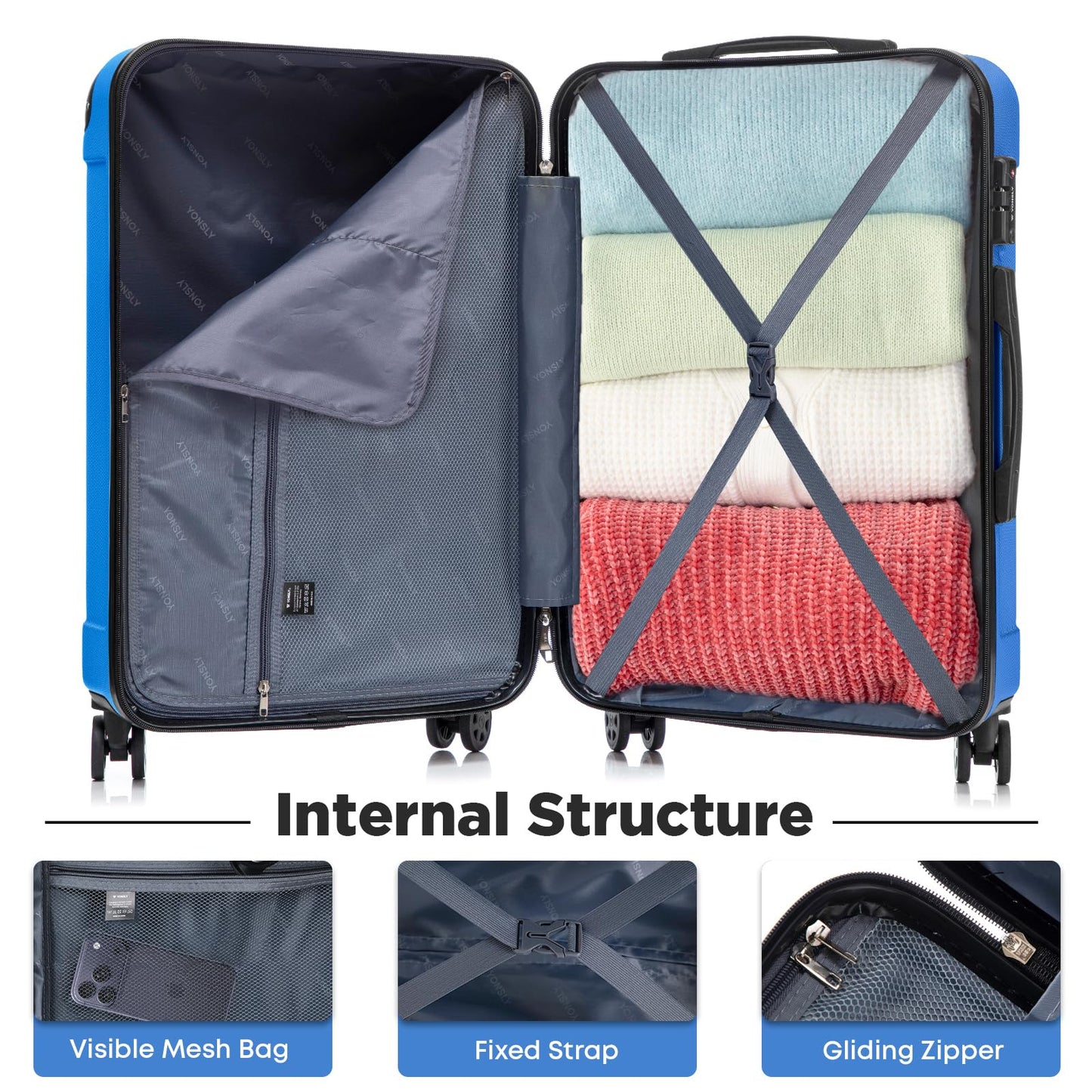 YONSLY® Premium Luggage TSA Lock, YKK Zipper Hardside Suitcase Trolley Cabin Suitcase Rolling Suitcase Hand Luggage 4 Wheels (M-L-XL-Set)