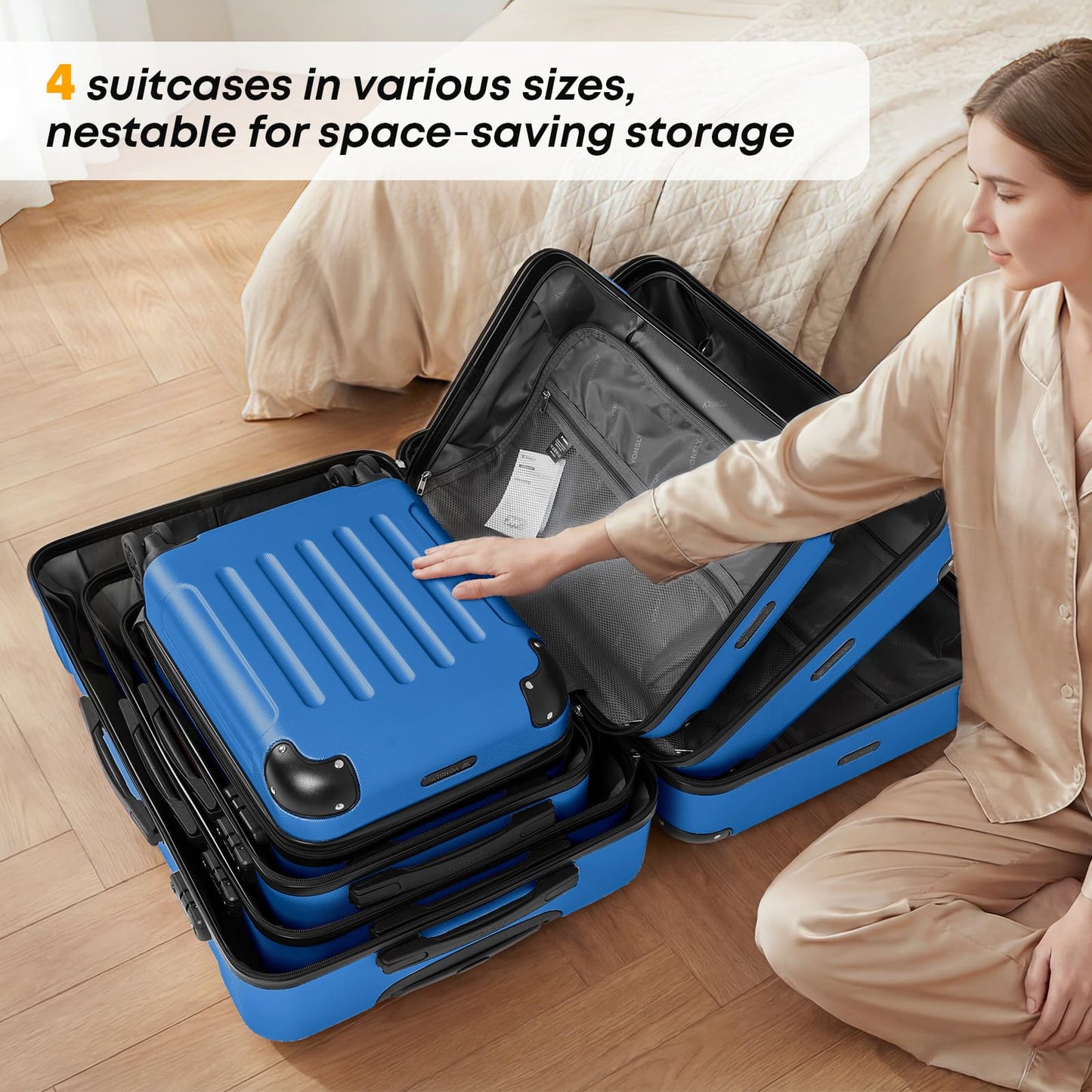 YONSLY® Premium Luggage, TSA Lock YKK Zipper Hardside Suitcase Trolley Cabin Luggage Roller Suitcase Carry-On 4 Wheels (S-M-L-XL-Set)