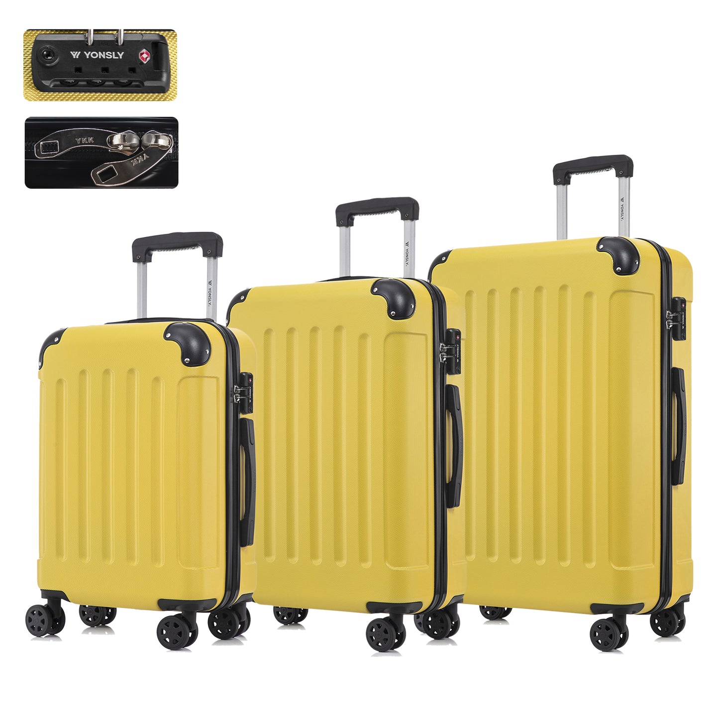 YONSLY® Premium Luggage TSA Lock, YKK Zipper Hardside Suitcase Trolley Cabin Suitcase Rolling Suitcase Hand Luggage 4 Wheels (M-L-XL-Set)