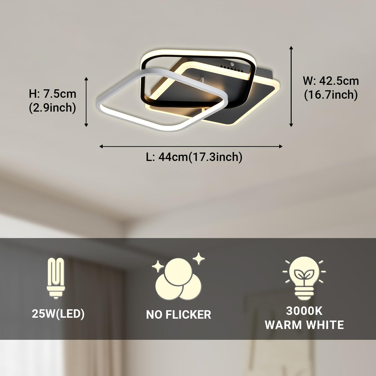 LQWELL® ceiling light LED ceiling lamp, 25W 3000K kitchen lamp modern bedroom lamp made of aluminum black white for living room bedroom kitchen balcony hallway basement office, 440 * 425 * 75mm