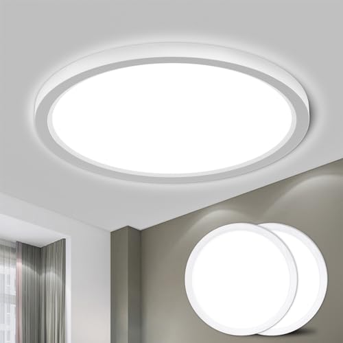 LQWELL® Ceiling Light LED Ceiling Lamp, IP44 Waterproof Bathroom Lamp Round Flat 18W 6000K 1600LM Modern Simple Lamp Thin for Living Room Bathroom Bedroom Kitchen Office, 220 * 24mm (White, 2PCS)