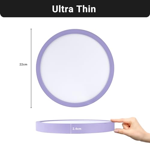 LQWELL® Ceiling Light LED Ceiling Lamp, IP44 Waterproof Bathroom Lamp Round Flat 18W 6000K 1600LM Modern Simple Lamp Thin for Living Room Bathroom Bedroom Kitchen Basement Office, 220 * 24mm (Purple)