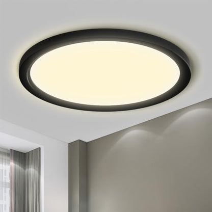 LQWELL® LED-Deckenleuchte, IP44 wasserdicht, runde, flache Badezimmerleuchte, 18 W, 3000 K, 1600 lm, moderne, schlichte und dünne Lampe für Wohnzimmer, Badezimmer, Schlafzimmer, Küche, Keller, Büro, 220 x 24 mm (Schwarz)