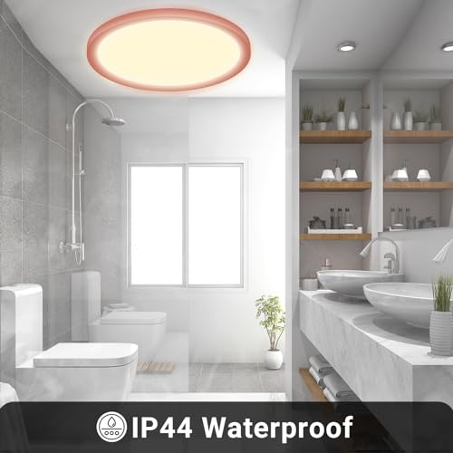 LQWELL® Ceiling Light LED Ceiling Lamp, IP44 Waterproof Bathroom Lamp Round Flat 18W 3000K 1600LM Modern Simple Lamp Thin for Living Room Bathroom Bedroom Kitchen Basement Office, 220 * 24mm (Pink)
