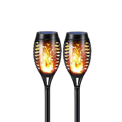 LQWELL® Solar Lights, Solar Garden Torch, 2 Pack, 12 LED Solar Lamps with Realistic Flame Effect, IP65 Waterproof, Solar Garden Torches for Paths, Backyards, and Lawns (2 Pack)