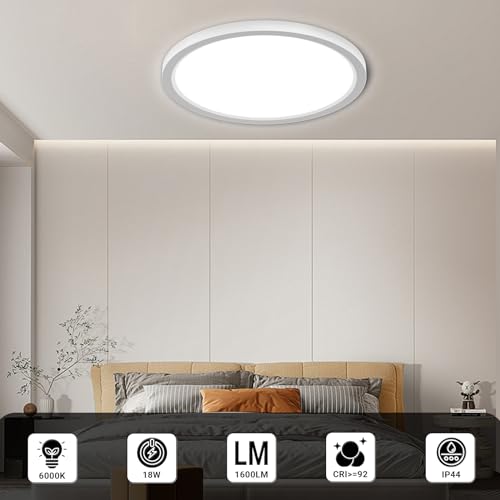 LQWELL® Ceiling Light LED Ceiling Lamp, IP44 Waterproof Bathroom Lamp Round Flat 18W 6000K 1600LM Modern Simple Lamp Thin for Living Room Bathroom Bedroom Kitchen Office, 220 * 24mm (White, 2PCS)