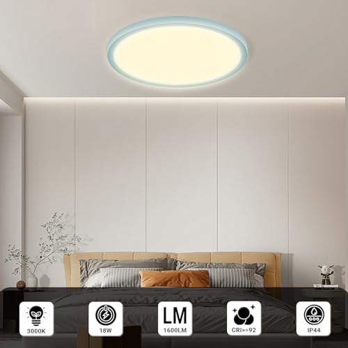 LQWELL® Ceiling Light LED Ceiling Lamp, IP44 Waterproof Bathroom Lamp Round Flat 18W 3000K 1600LM Modern Simple Lamp Thin for Living Room Bathroom Bedroom Kitchen Basement Office, 220 * 24mm (Blue)