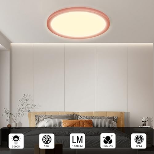 LQWELL® LED Ceiling Light, IP44 Waterproof, Round Flat Bathroom Light, 18W 3000K 1600lm, Modern Simple Thin Lamp for Living Room, Bathroom, Bedroom, Kitchen, Basement, Office, 220 x 24 mm (Pink)