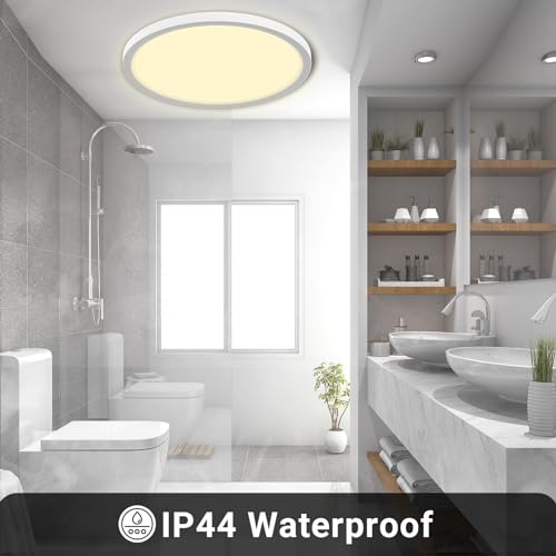 LQWELL® Ceiling Light LED Ceiling Lamp, IP44 Waterproof Bathroom Lamp Round Flat 18W 3000K 1600LM Modern Simple Lamp Thin for Living Room Bathroom Bedroom Kitchen Basement Office, 220 * 24mm (White)