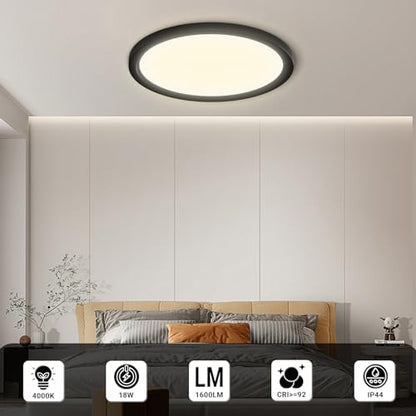 LQWELL® LED Ceiling Light, IP44 Waterproof, Round, Flat, 18 W, 4000 K, 1600 lm, Modern, Simple Lamp, Thin, for Living Room, Bathroom, Bedroom, Kitchen, Basement, Office, 220 x 24 mm (Black)