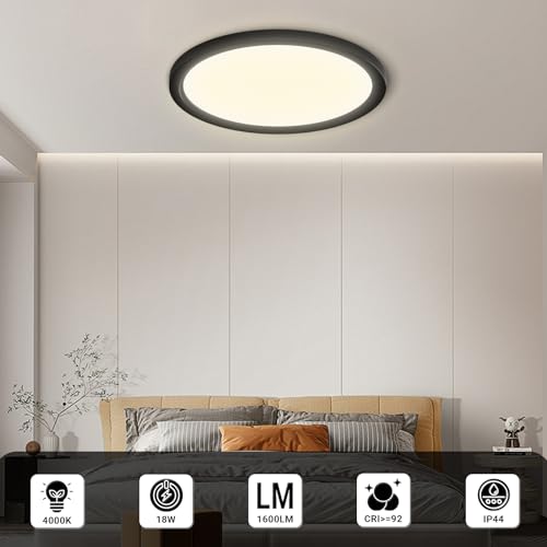 LQWELL® LED Ceiling Light, IP44 Waterproof, Round, Flat, 18 W, 4000 K, 1600 lm, Modern, Simple Lamp, Thin, for Living Room, Bathroom, Bedroom, Kitchen, Basement, Office, 220 x 24 mm (Black)