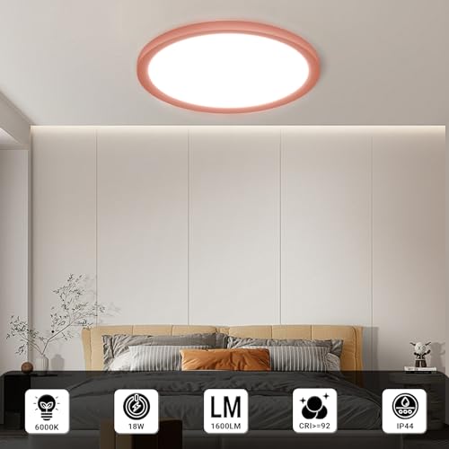 LQWELL® Ceiling Light LED Ceiling Lamp, IP44 Waterproof Bathroom Lamp Round Flat 18W 6000K 1600LM Modern Simple Lamp Thin for Living Room Bathroom Bedroom Kitchen Basement Office, 220 * 24mm (Pink)