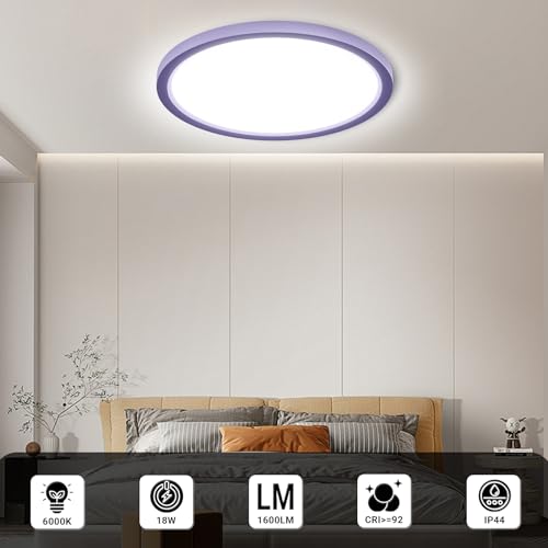 LQWELL® Ceiling Light LED Ceiling Lamp, IP44 Waterproof Bathroom Lamp Round Flat 18W 6000K 1600LM Modern Simple Lamp Thin for Living Room Bathroom Bedroom Kitchen Basement Office, 220 * 24mm (Purple)