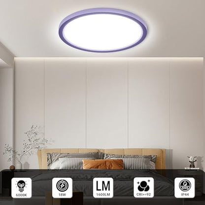LQWELL® LED Ceiling Light, IP44 Waterproof, Round Flat Bathroom Light, 18W, 6000K, 1600lm, Modern Simple Thin Lamp for Living Room, Bathroom, Bedroom, Kitchen, Basement, Office, 220 x 24 mm (Purple)