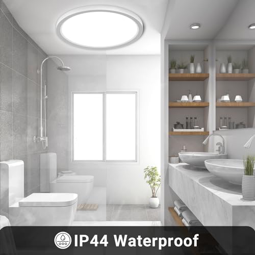 LQWELL® Ceiling Light LED Ceiling Lamp, IP44 Waterproof Bathroom Lamp Round Flat 18W 6000K 1600LM Modern Simple Lamp Thin for Living Room Bathroom Bedroom Kitchen Office, 220 * 24mm (White, 2PCS)