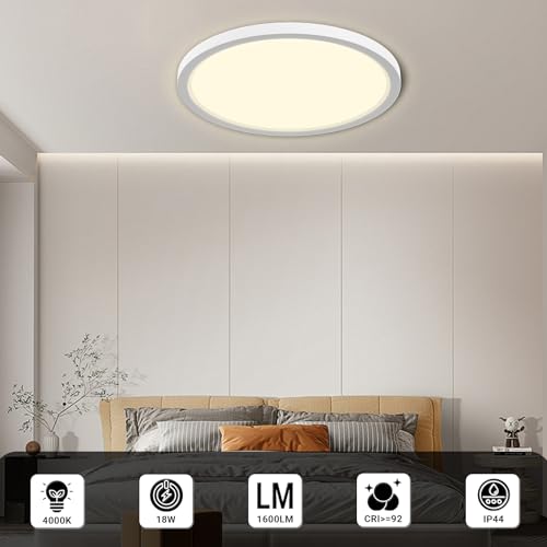 LQWELL® LED Deckenleuchte, IP44 wasserdicht, runde, flache Badezimmerleuchte, 18 W, 4000 K, 1600 lm, moderne, schlichte Leuchte, dünn, für Wohnzimmer, Badezimmer, Schlafzimmer, Küche, Keller, Büro, 220 x 24 mm (Weiß)