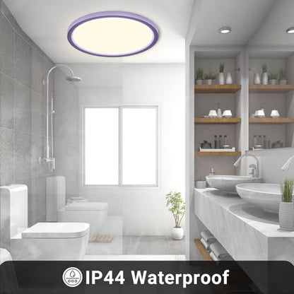 LQWELL® LED Ceiling Light, IP44 Waterproof, Round Flat Bathroom Light, 18W, 4000K, 1600lm, Modern Simple Thin Lamp for Living Room, Bathroom, Bedroom, Kitchen, Basement, Office, 220 x 24 mm (Purple)