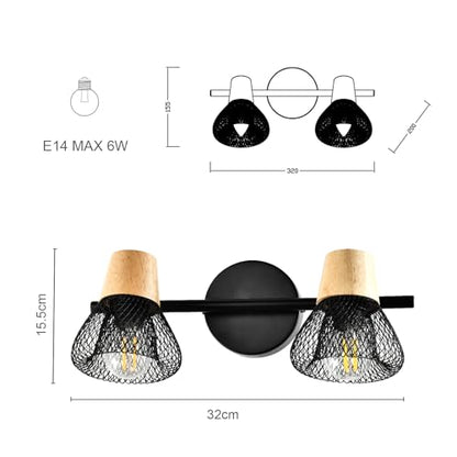 LQWELL® E14 wall light, LED wall lamp, indoor wall lighting, wall spot in retro industrial style, for studio, bar counter, hotel, bedroom, living room, stairs, hall, basement, matt black metal, 1/2/3/4 bulb