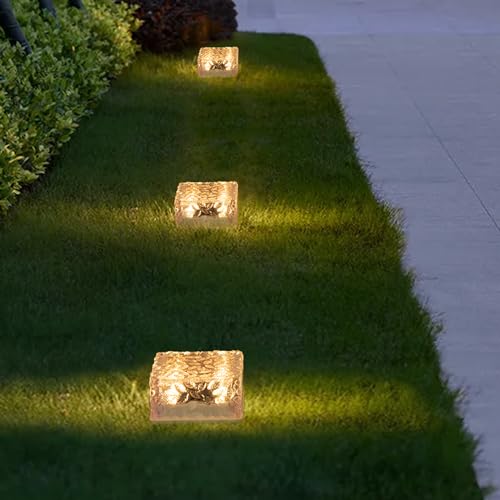 LQWELL® Solar Brick Light Solar Light Decoration Outdoor Solar Glass Paving Stones Solar Lamps Path Lighting Solar Cube Light Ice Stone Light Waterproof (Warm White)