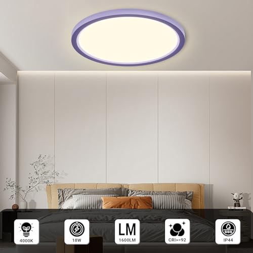 LQWELL® Ceiling Light LED Ceiling Lamp, IP44 Waterproof Bathroom Lamp Round Flat 18W 4000K 1600LM Modern Simple Lamp Thin for Living Room Bathroom Bedroom Kitchen Basement Office, 220 * 24mm (Purple)