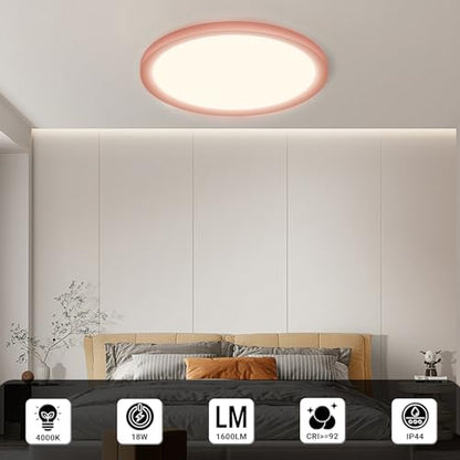 LQWELL® LED Ceiling Light, IP44 Waterproof, Round Flat Bathroom Light, 18 W, 4000 K, 1600 lm, Modern Simple Lamp, Thin, for Living Room, Bathroom, Bedroom, Kitchen, Basement, Office, 220 x 24 mm (Pink)