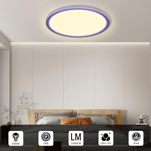 LQWELL® Ceiling Light LED Ceiling Lamp, IP44 Waterproof Bathroom Lamp Round Flat 18W 3000K 1600LM Modern Simple Lamp Thin for Living Room Bathroom Bedroom Kitchen Basement Office, 220 * 24mm (Purple)