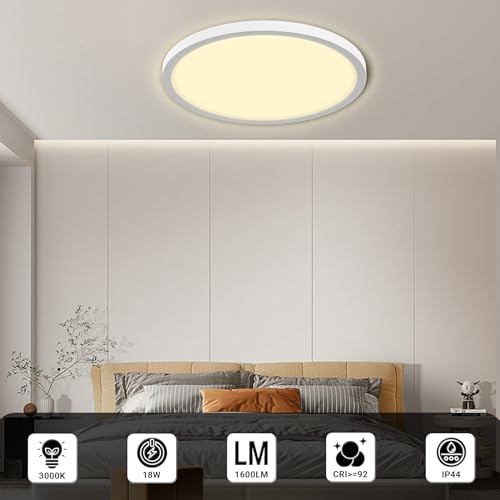 LQWELL® Ceiling Light LED Ceiling Lamp, IP44 Waterproof Bathroom Lamp Round Flat 18W 3000K 1600LM Modern Simple Lamp Thin for Living Room Bathroom Bedroom Kitchen Basement Office, 220 * 24mm (White)