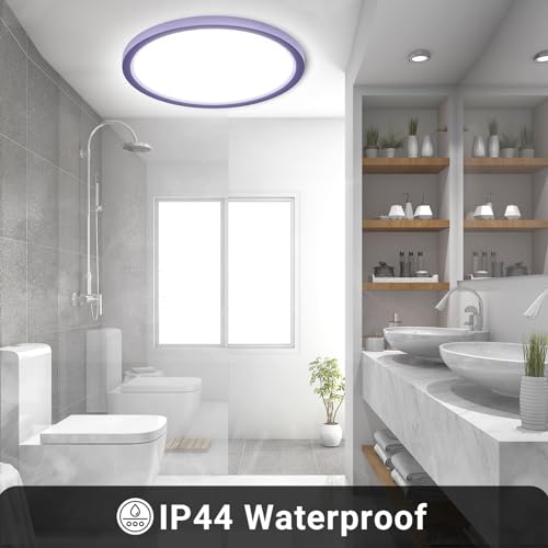 LQWELL® Ceiling Light LED Ceiling Lamp, IP44 Waterproof Bathroom Lamp Round Flat 18W 6000K 1600LM Modern Simple Lamp Thin for Living Room Bathroom Bedroom Kitchen Basement Office, 220 * 24mm (Purple)