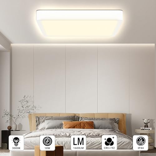 LQWELL® LED Ceiling Light, IP44 Waterproof, Square, Flat, 18 W, 3000 K, 1600 lm, Modern, Simple Lamp, Thin, for Living Room, Bathroom, Bedroom, Kitchen, Office, 220 x 24 mm (White)