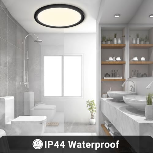 LQWELL® Ceiling Light LED Ceiling Lamp, IP44 Waterproof Bathroom Lamp Round Flat 18W 4000K 1600LM Modern Simple Lamp Thin for Living Room Bathroom Bedroom Kitchen Basement Office, 220 * 24mm (Black)