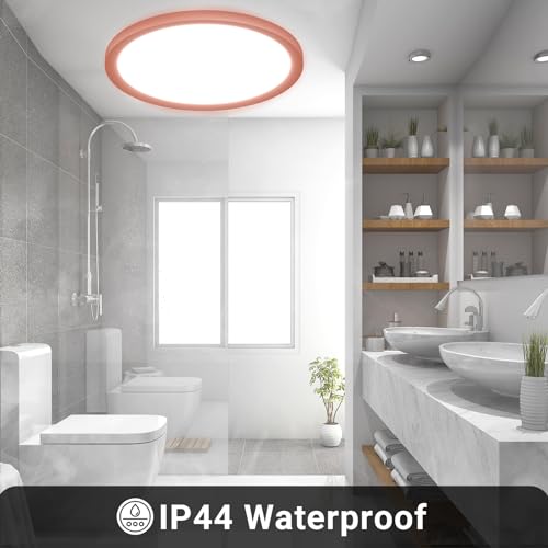 LQWELL® Ceiling Light LED Ceiling Lamp, IP44 Waterproof Bathroom Lamp Round Flat 18W 6000K 1600LM Modern Simple Lamp Thin for Living Room Bathroom Bedroom Kitchen Basement Office, 220 * 24mm (Pink)